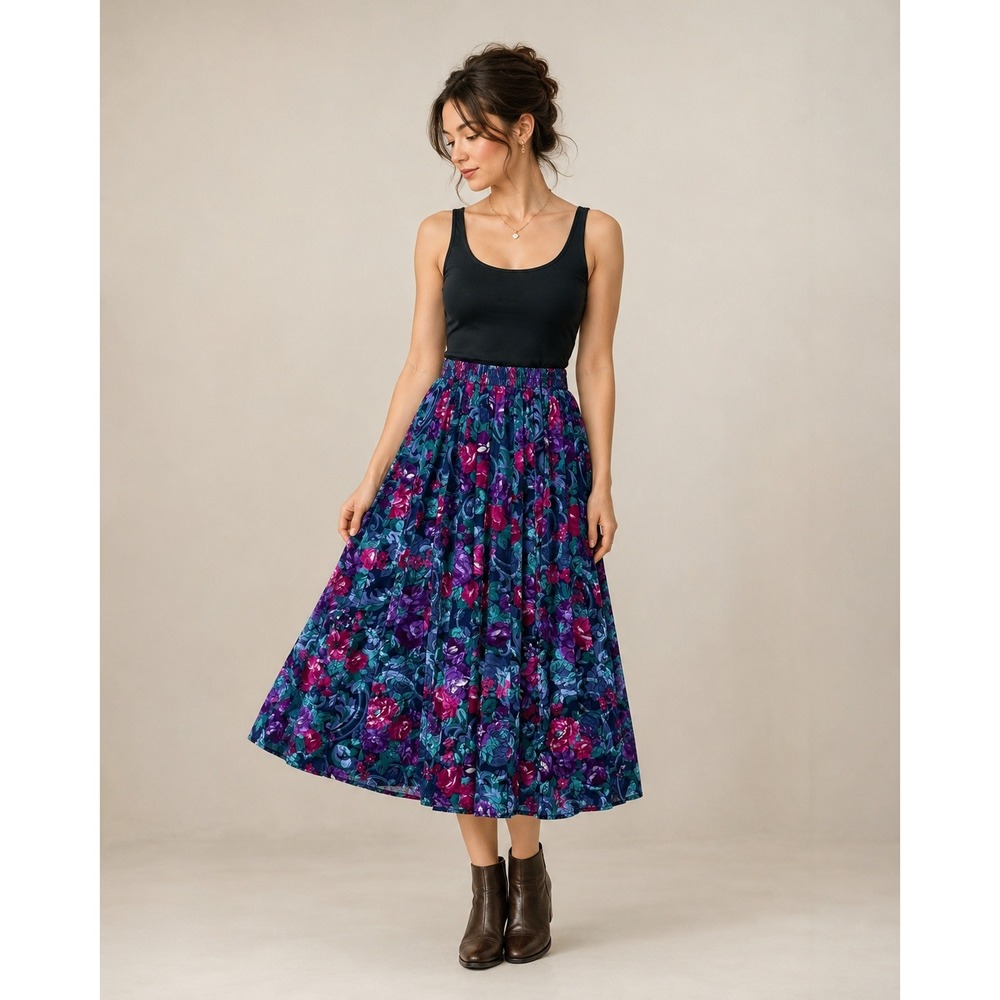 Vintage Floral Pleated Skirt Jewel‎ Tone Rose Print Cottagecore Size 6